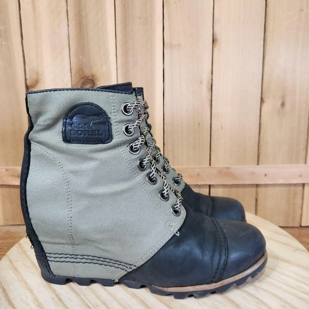 Sorel PDX Wedge Boots Womens 9 Green Canvas Lace Up Booties Winter Waterproof